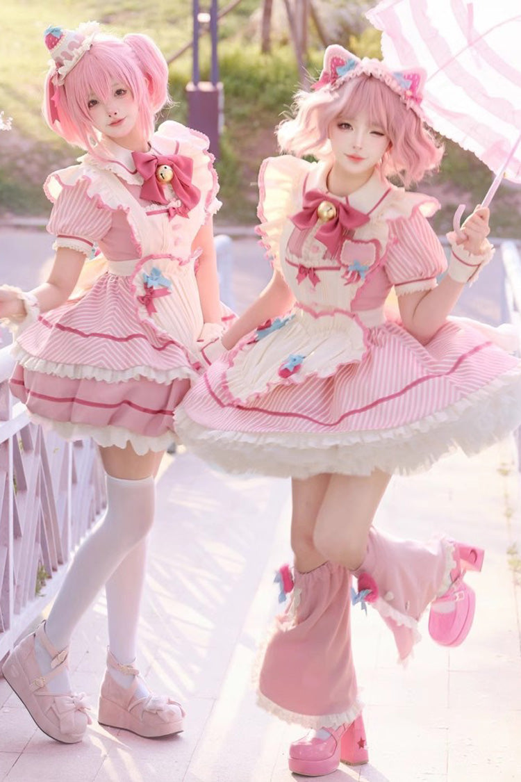 Pink Berry Bubbles Stripe Print Ruffle Bowknot Lace Sweet Lolita Dress