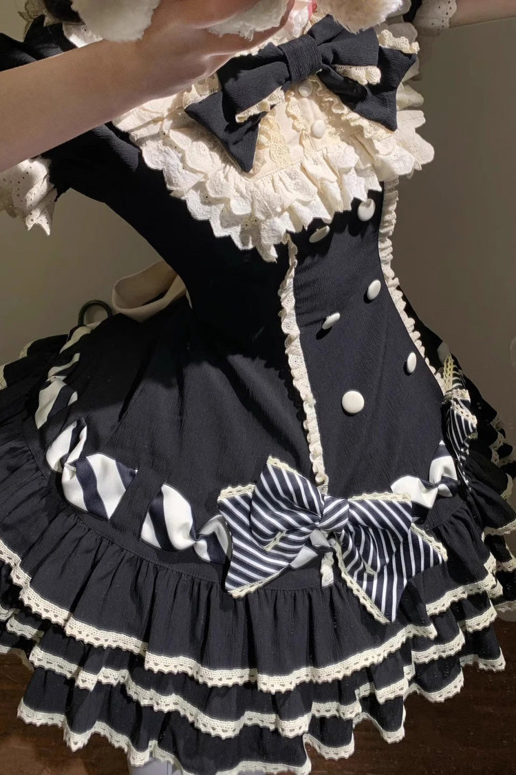 Black Striped Layered Short Sleeves Multi-Layered Ruffle Bowknot Sweet Princess Lolita Tiered Dress