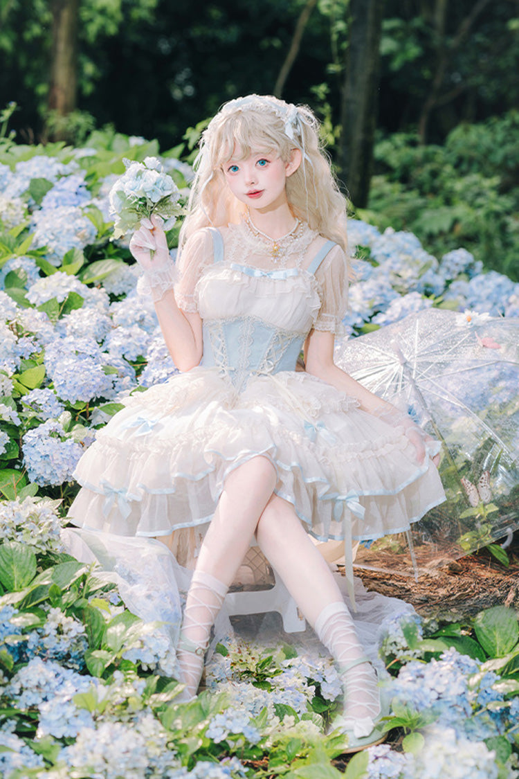Light Blue/Ivory Dance of Time Triple-Layered Ballet Style Bowknot Lace-Up Sweet Lolita Jsk Dress