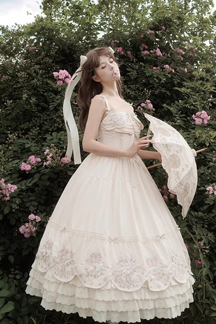 Apricot Fantasy Butterfly Triple-Layered Ruffle Embroidery Bowknot Lace Sweet Princess Lolita Jsk Dress