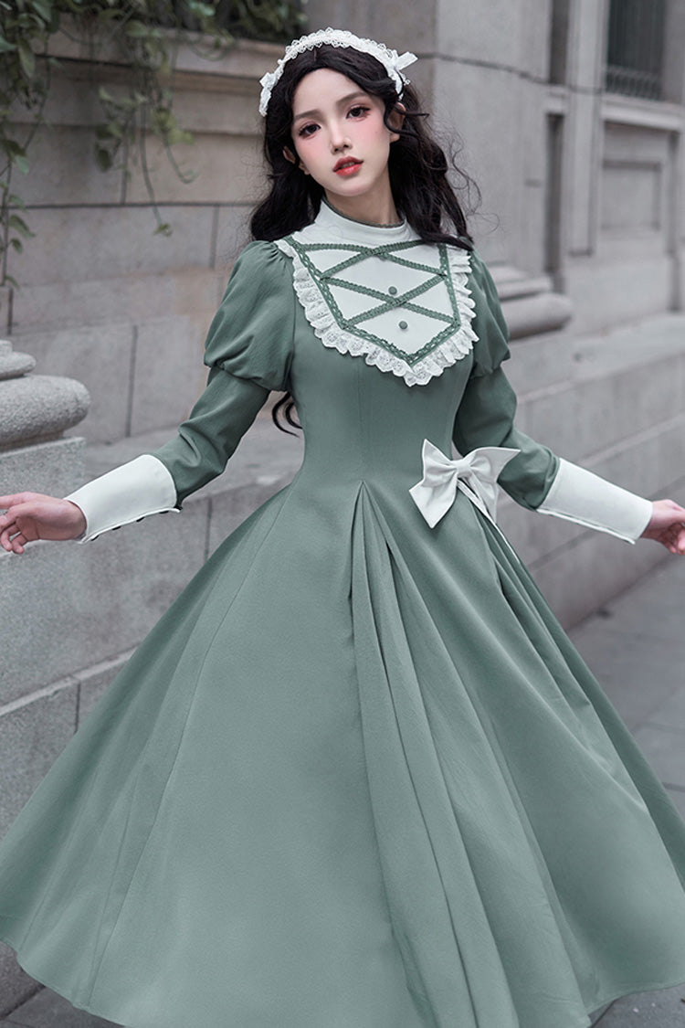 Green Nun Style Stand Collar Long Sleeves Ruffle Bowknot Classic Elegant Lolita Dress