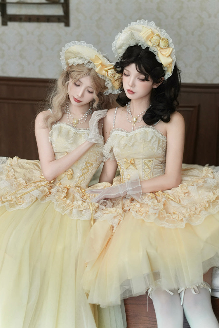 Yellow Sissi's Pilgrimage Off Shoulder Ruffle Bowknot Lace Sweet Lolita Skirt (Long Version)