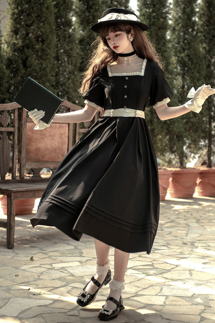 Black Random Thoughts Square Collar Short Sleeves Ruffle Classic Vintage Elegant Lolita Dress