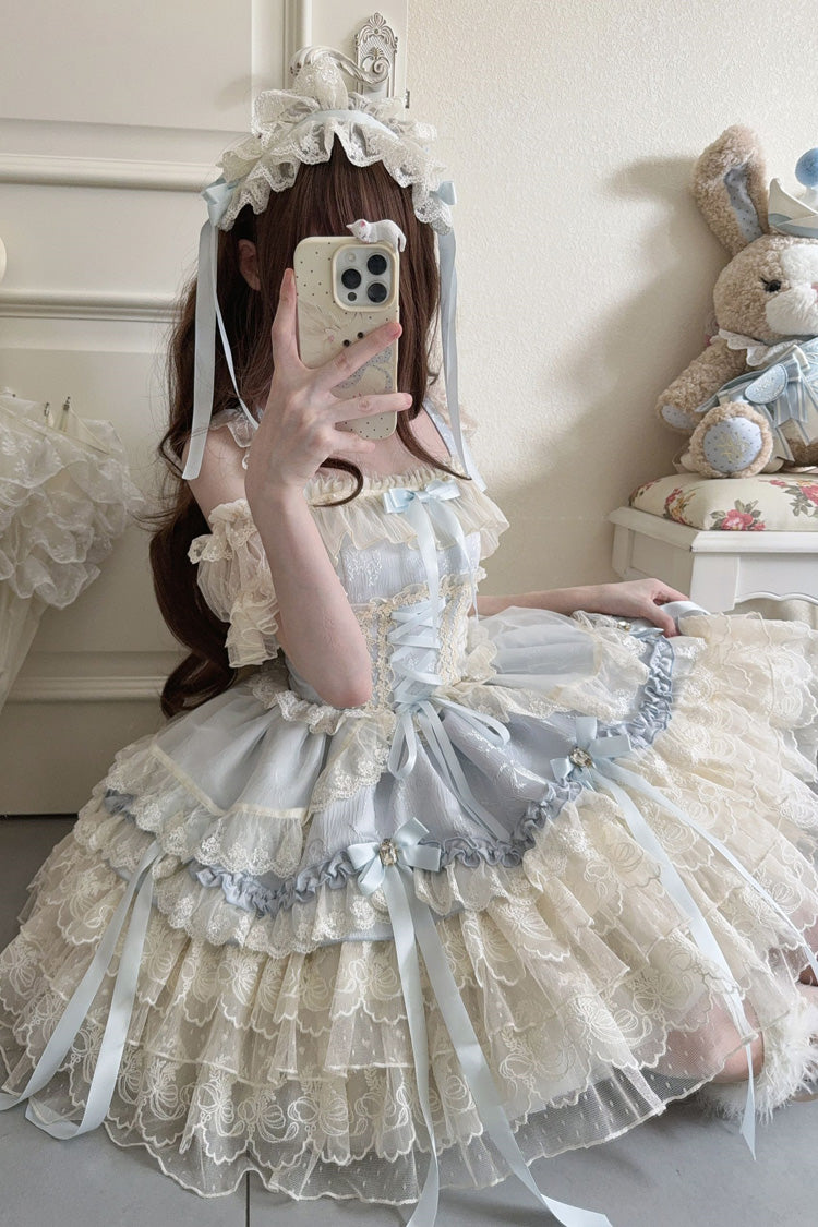 Blue Ribbon Heart Love Sleeveless Multi-Layered Ruffle Bowknot Lace Lace-Up Sweet Princess Ballet Lolita Jsk Dress