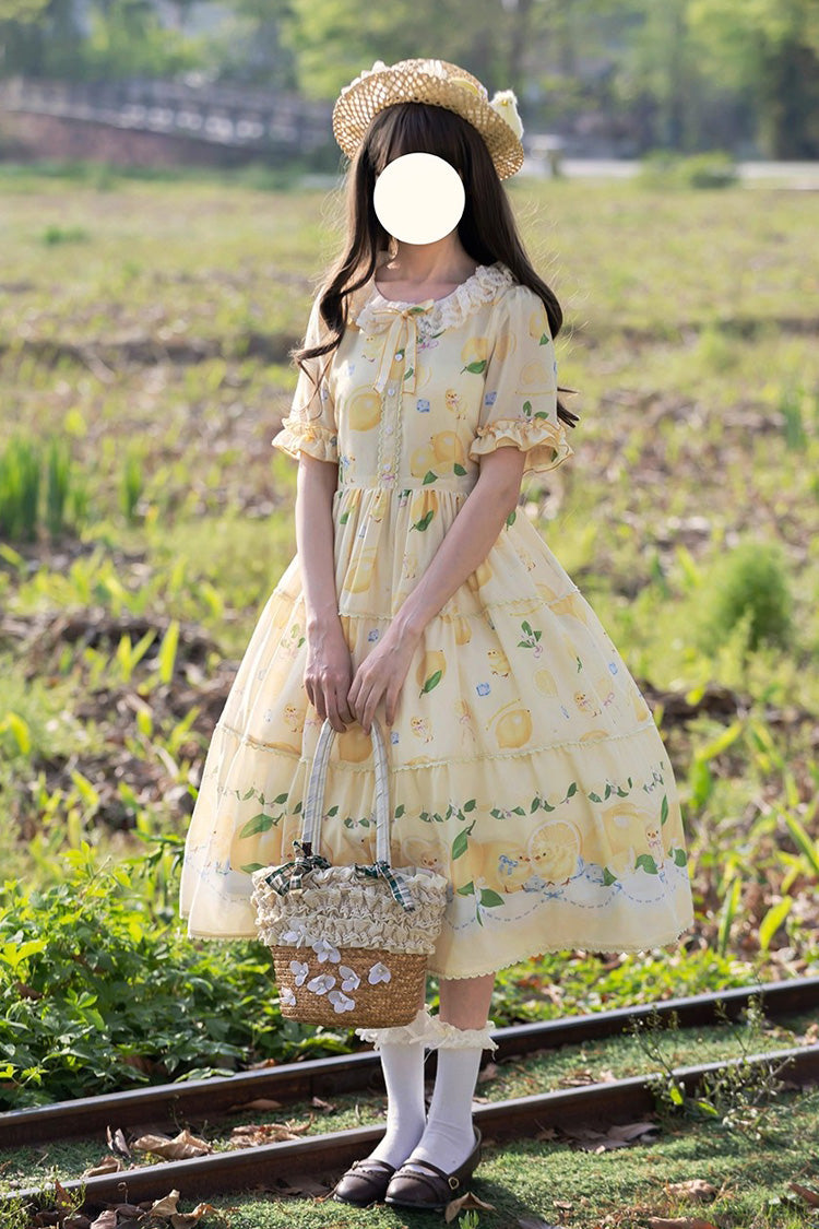 Yellow Lemon Chicken Short Sleeves Print Ruffle Bowknot Lace Daily Sweet Lolita Dress