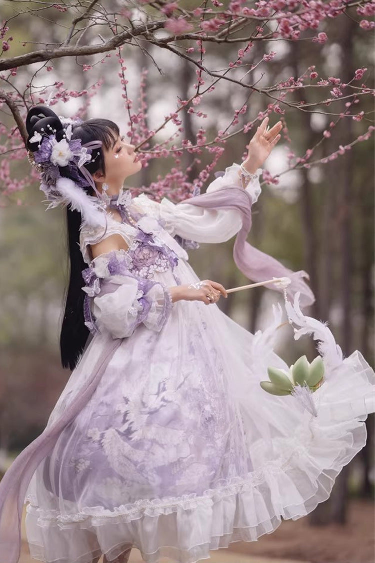 White/Purple Square Collar High Waisted Printed Ruffled Lace Pearl-Decorated Sweet Chinese Style Lolita Jsk Dress