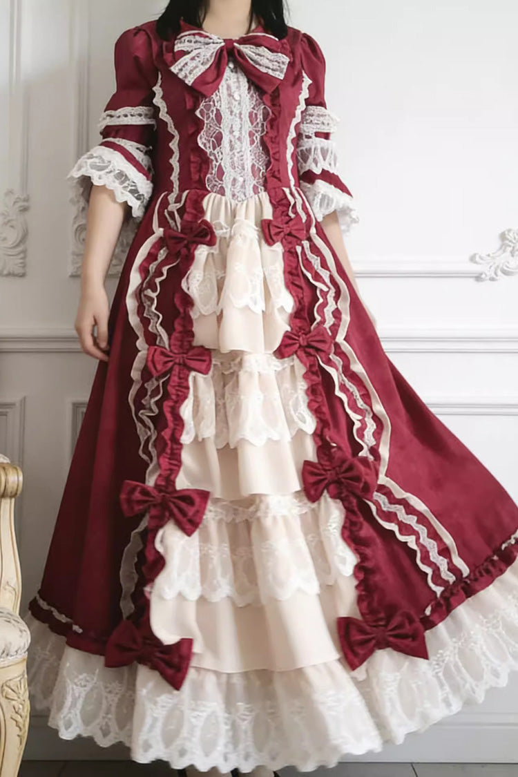 Sweet Plus Size Long Sleeves Triple-Layered Ruffled Open-Front Bow Lace Princess Lolita Victorian Dress