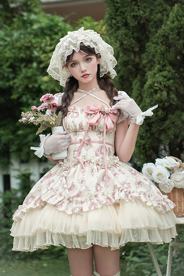 Ivory Rose After The Rain Short Sleeves Triple-Layered Print Ruffle Bowknot Lace-Up Sweet Lolita Short Dress