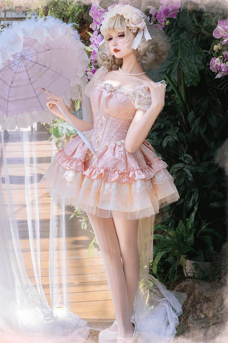 Pink Fleeting Light and Shallow Dream Sleeveless Multi-Layered Ruffle Bowknot Lace Slim Sweet Ballet Lolita Jsk Dress