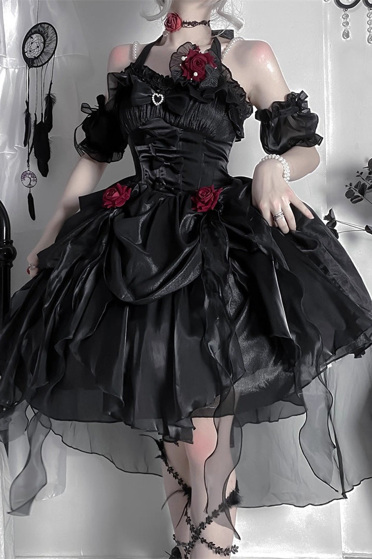 Black Cindy Rose Halterneck Sleeveless Ruffle Bowknot Gothic Elegant Lolita Jsk Dress