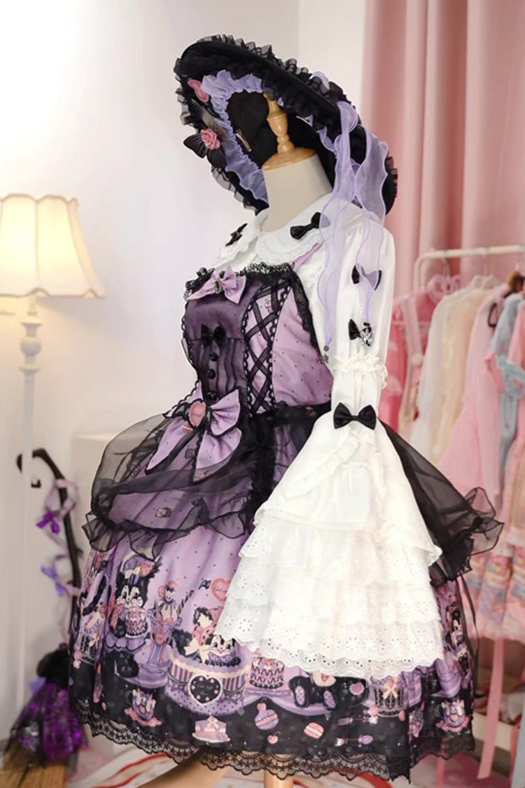 Purple Devil Cat Print Ruffle Bowknot Lace Gothic Lolita Jsk Dress (Plus Size Support)