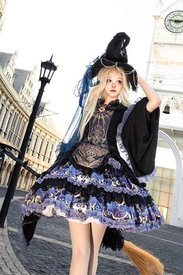 Black Astrology Cat Long Sleeves Double-Layered Print Ruffle Lace Gothic Lolita Dress