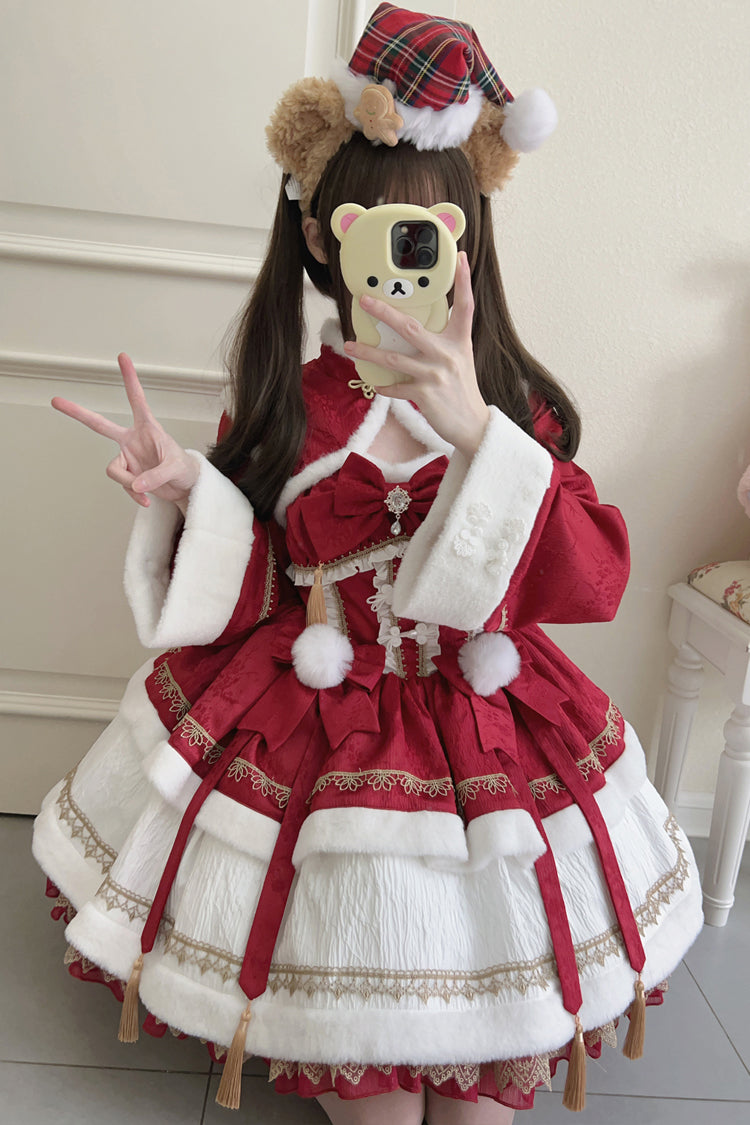 Red Snow Rabbit Long Sleeves Ruffle Bowknot Fake Two Pieces Sweet Lolita Dress