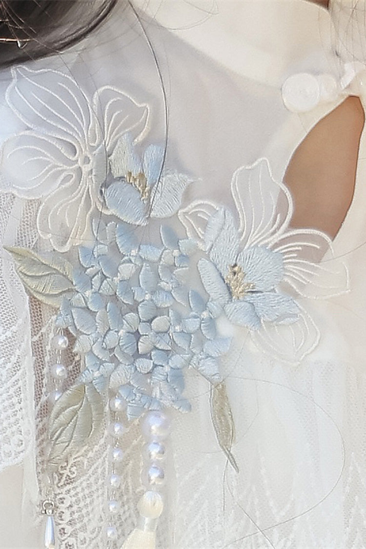 White Hydrangea Message Short Sleeves Print Ruffle Lace Sweet Chinese Style Elegant Lolita Dress