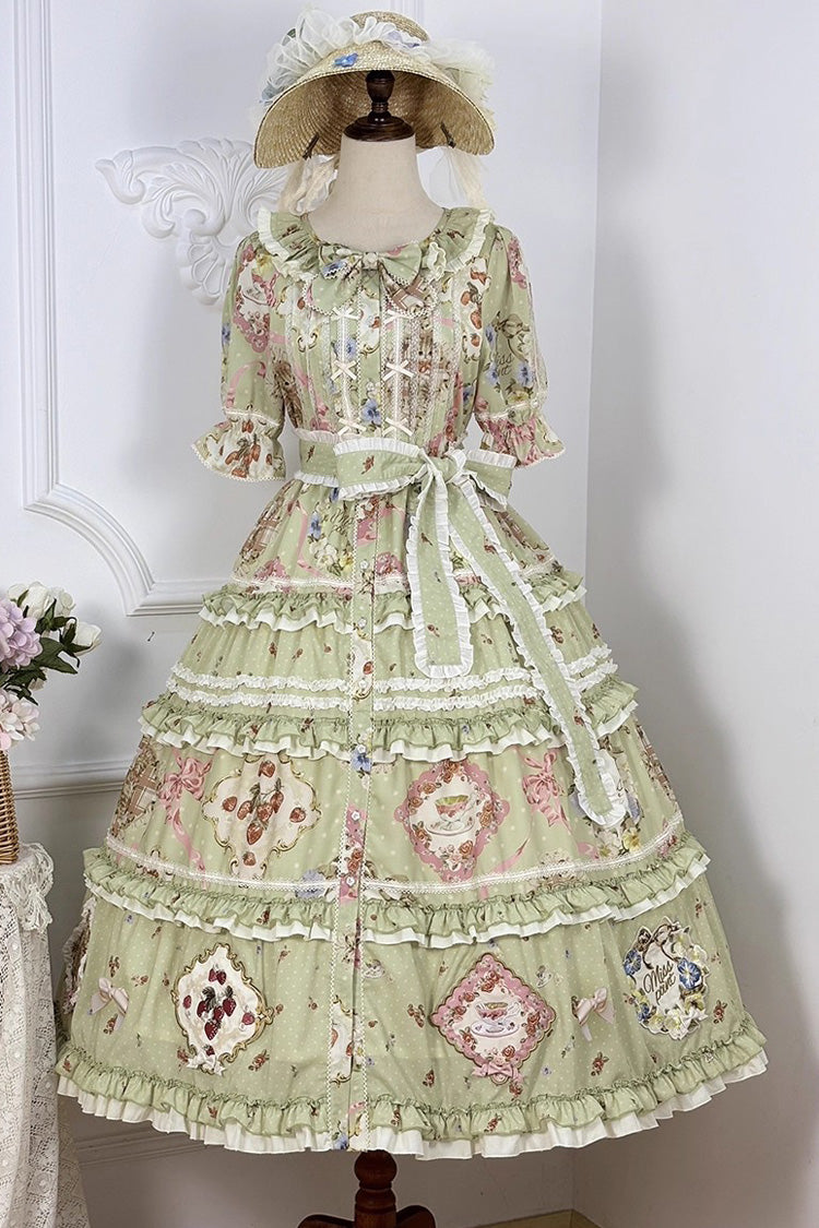 Green Cat Rose Tea Short Sleeves Print Ruffle Cardigan Bowknot Sweet Gorgeous Lolita Dress