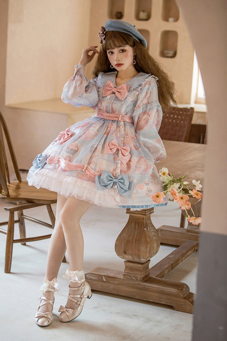 Pink/Blue Doll Collar Long Sleeves Rabbit Candy Paper Print High Waisted Sweet Lolita OP Dress