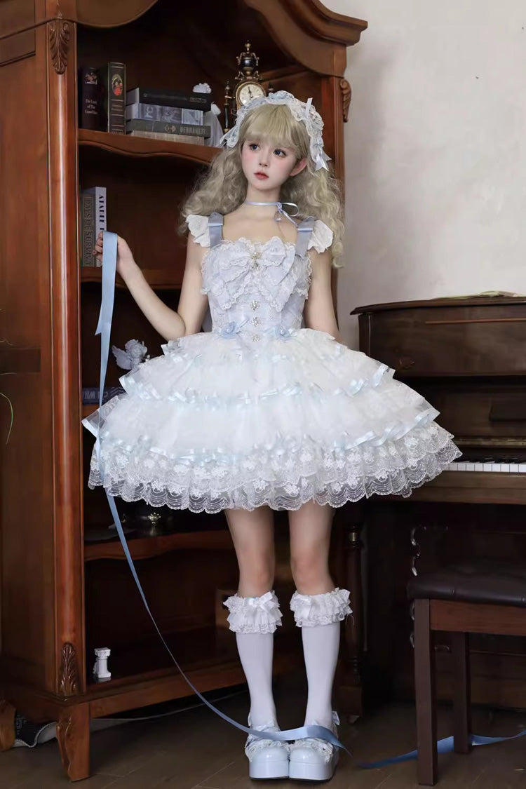 Blue Rose Feather Waltz Sleeveless Triple-Layered Ruffle Bowknot Lace Sweet Ballet Lolita Jsk Dress