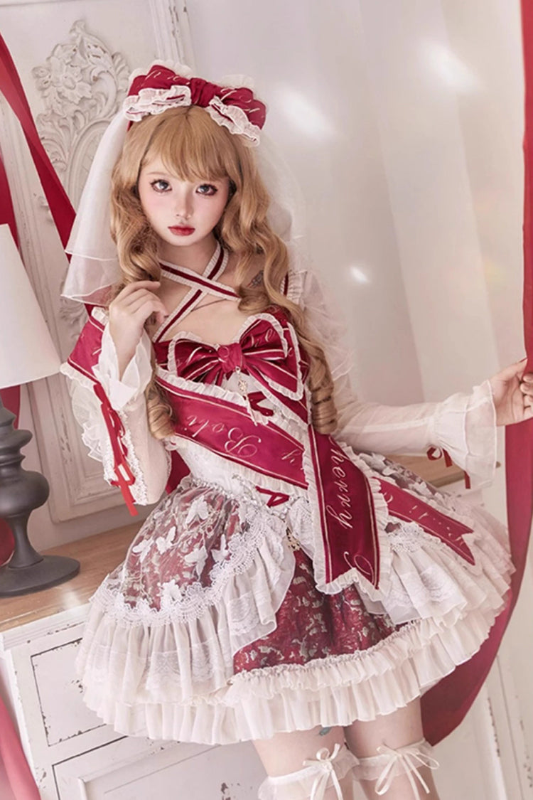 Red Lilibet Print Ruffle Cardigan Bowknot Lace Fishbone Sweet Lolita Dress