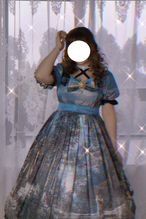 Multi-Color Square Collar Lace Short Sleeves Oil Painting Print Plus Size High Waisted Classic Lolita OP Dress