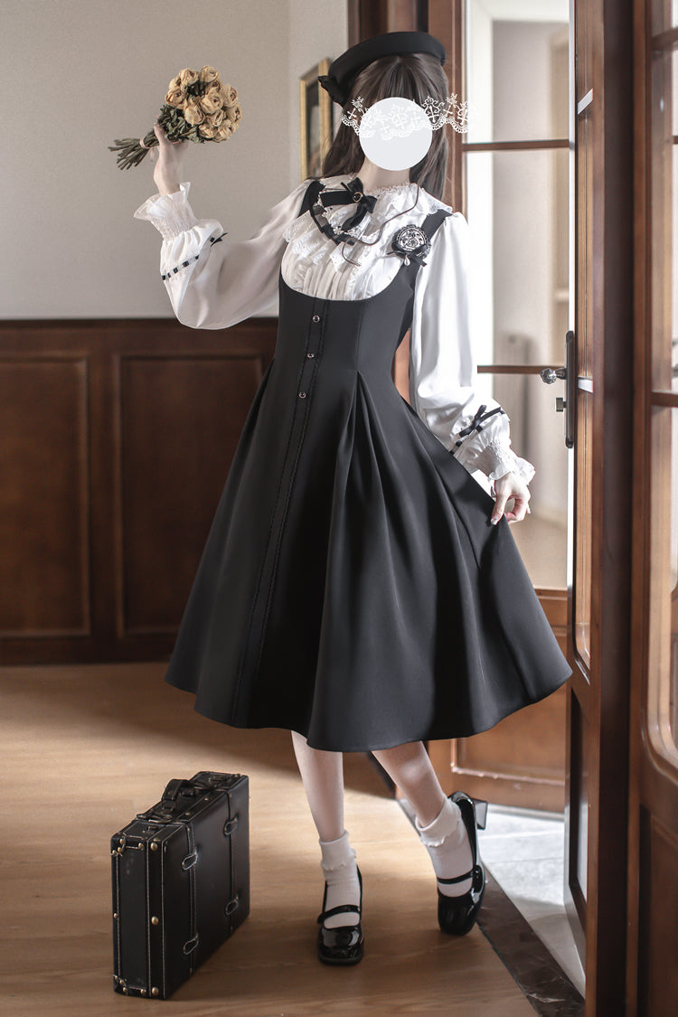 Black/White Sunset Academy Long Sleeves Ruffle Bowknot Fake Two Pieces Vintage College Style Elegant Lolita Dress
