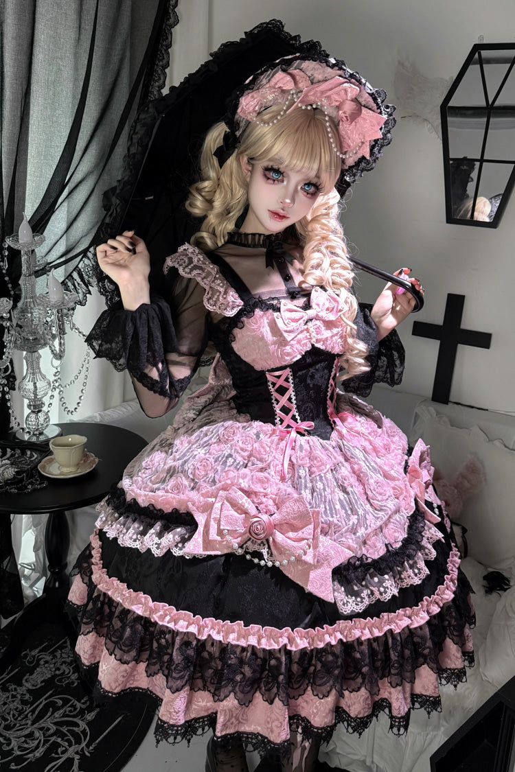 Black/Pink Rose Princess Sleeveless Ruffle Bowknot Lace Lace-Up Sweet Ballet Lolita Jsk Dress