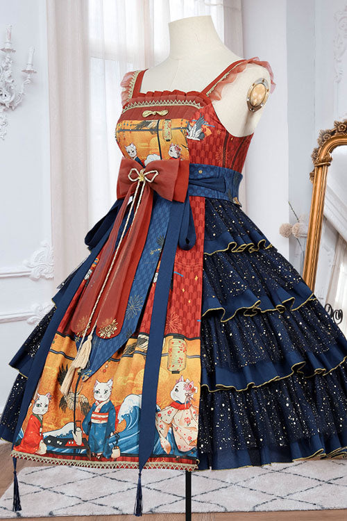 Blue Ukiyoe Cat & Waves Print Sleeveless Multi-Layer Sweet Lolita JSK Dress