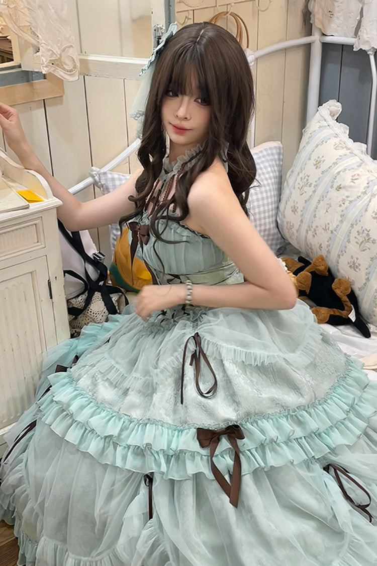 Mint Green Cross Halterneck Ruffle Bowknot Lace Lace-Up Princess Sweet Lolita Dress