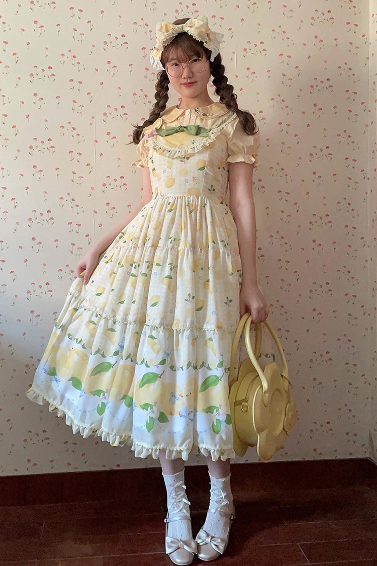 Yellow Lemon Chicken Print Ruffle Bowknot Lace Sweet Lolita Jsk Long Dress