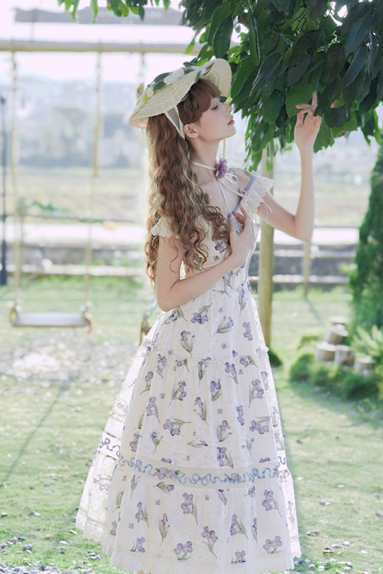 Ivory Moonlight Iris Off Shoulder Print Ruffle Embroidery Lace Sweet Lolita Jsk Dress
