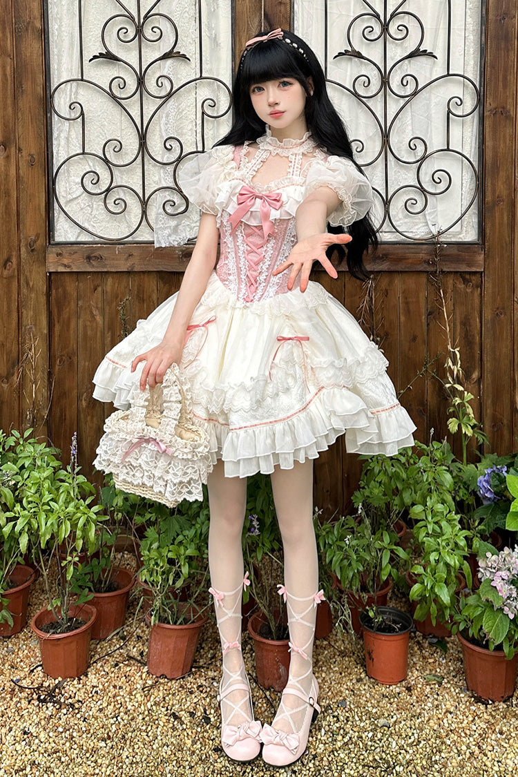 White/Pink Secret Garden Multi-layer Ruffle Bowknot Lace-Up Sweet Princess Lolita Jsk Dress