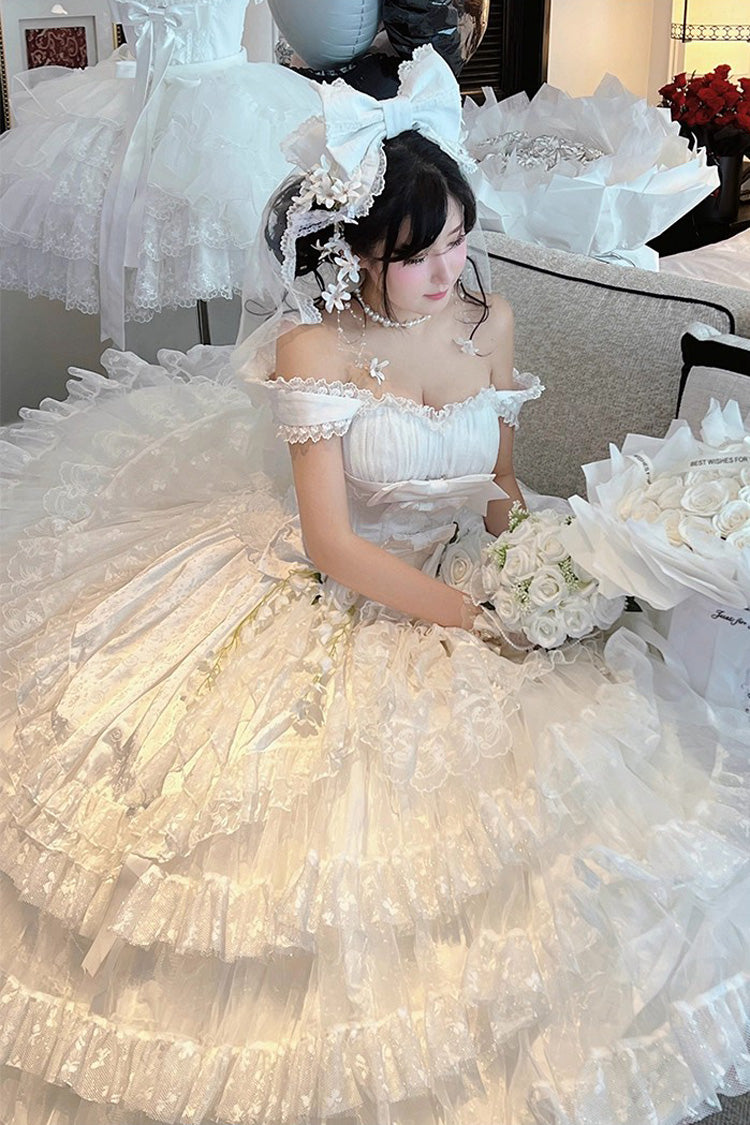 White Maiden Lace Off Shoulder Triple-Layered Ruffle Hanayome Bowknot Lace Sweet Lolita Jsk Dress