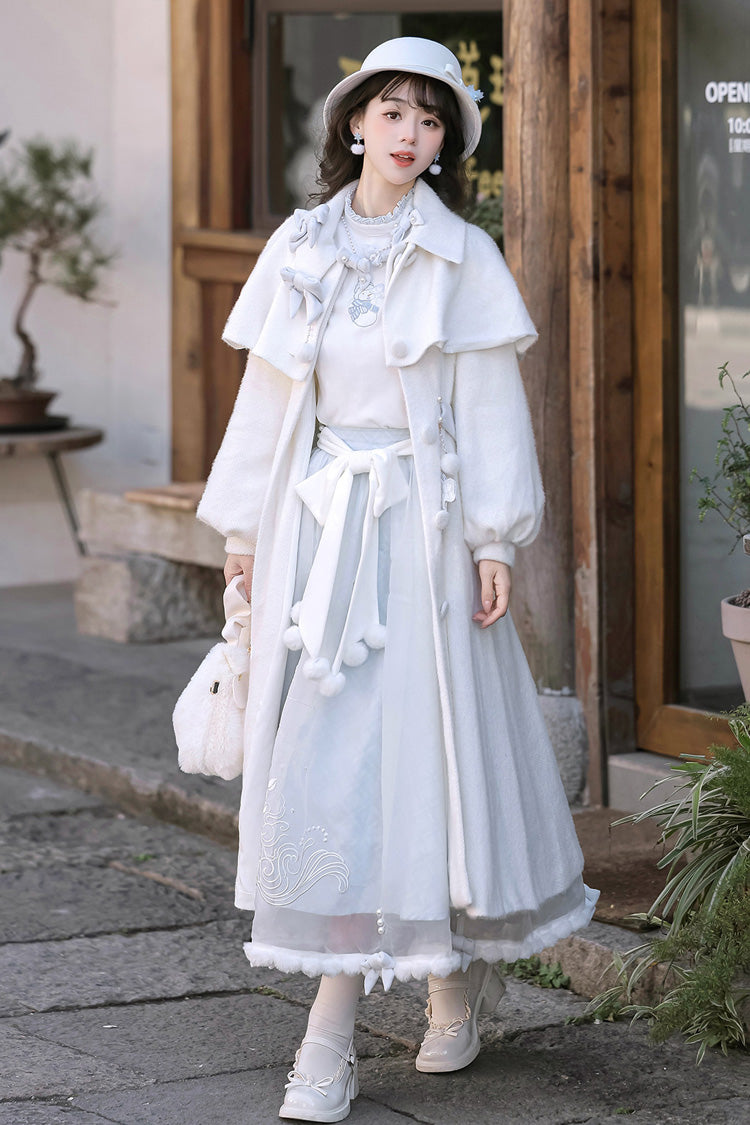 White/Blue Sunny Sky Snow Doll Long Sleeves Embroidered Bow Sweet Elegant Lolita Skirt Coat Set