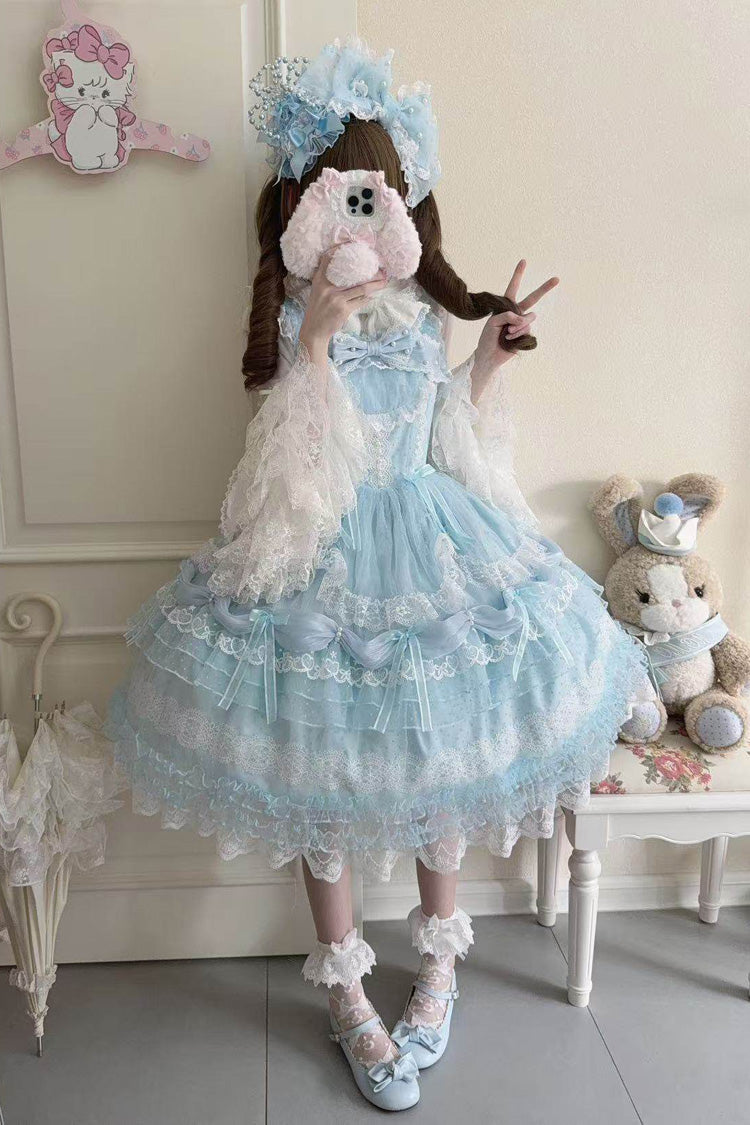 Blue Sugar Heart Knot Multi-Layered Ruffled Bow Lace Sweet Lolita Jsk Dress