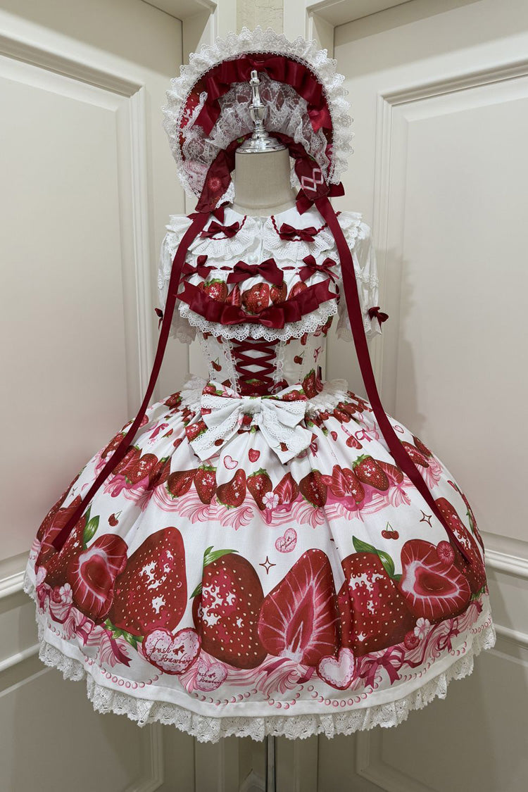 Sweet Berry Tale Strawberry Print Ruffle Bowknot Lace Sweet Lolita Jsk Dress 4 Colors
