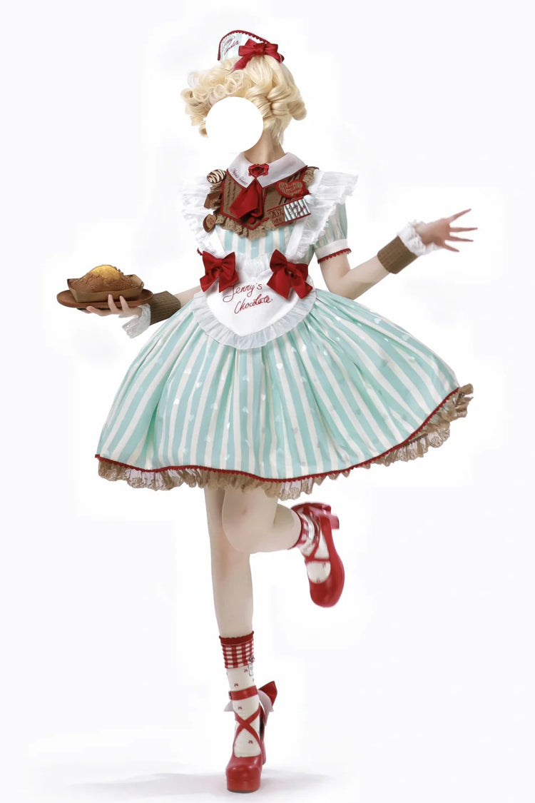 Green Jenny's Chocolate Short Sleeves Vertical Stripes Print Ruffle Bowknot Sweet Lolita Dress