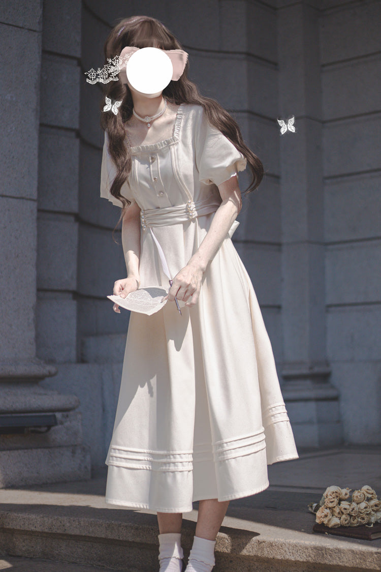 Apricot Random Thoughts Square Collar Short Sleeves Ruffle Classic Vintage Elegant Lolita Dress