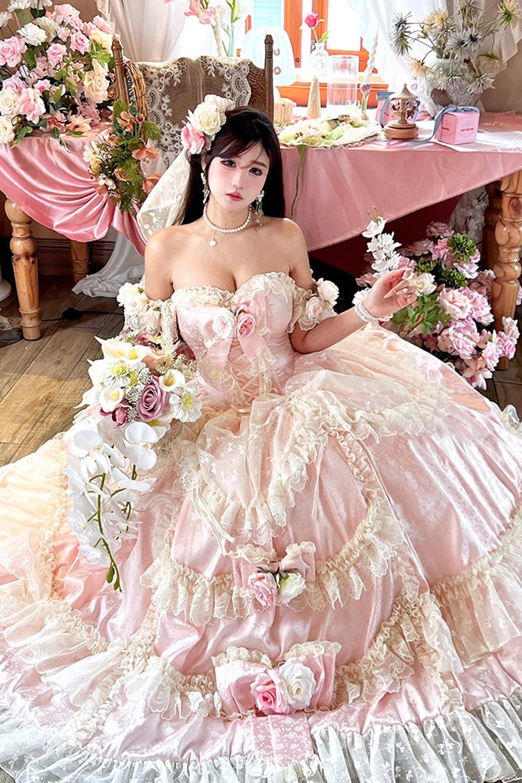 Pink Love and Roses Ruffle Hanayome Bowknot Lace Sweet Princess Lolita Jsk Dress