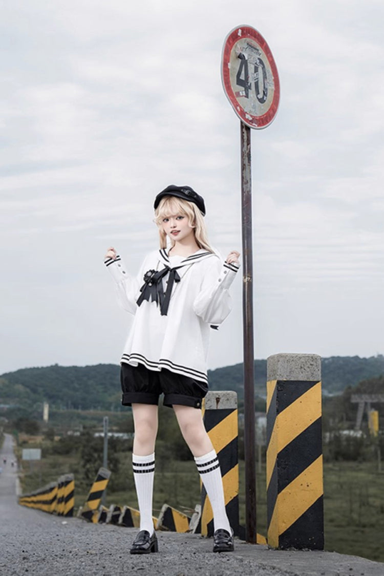 Black/White Old Stories Navy Collar Long Sleeves Bowknot Ouji Gothic Lolita Blouse Shorts Set
