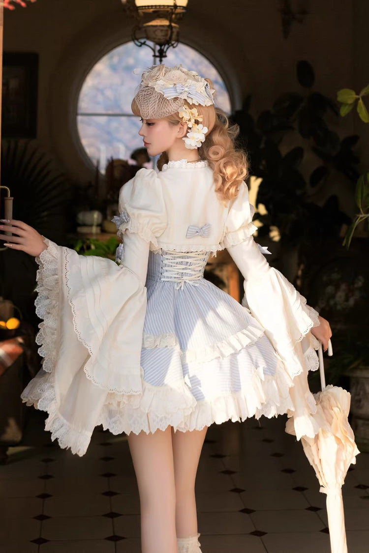 Blue Letter Paper Sleeveless Double-Layered Printed Ruffled Open-Front Bow Lace-Up Sweet Lolita Jsk Dress (Short Version)