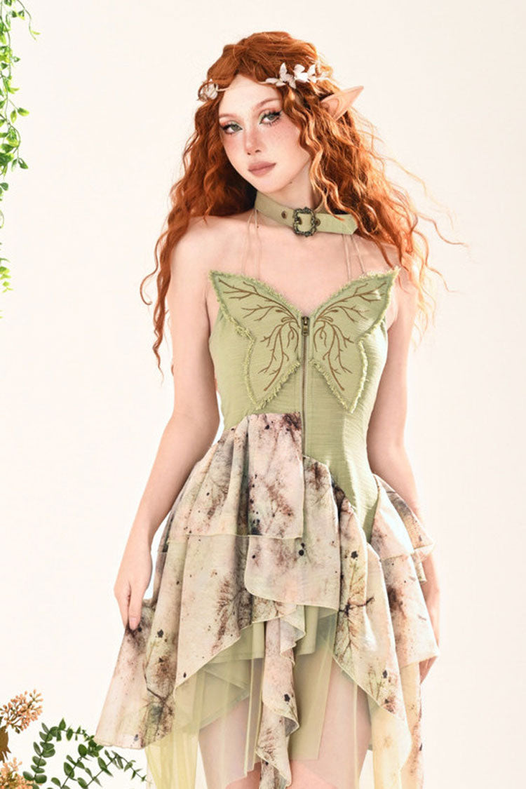 Green Forest Wandering 3D Butterfly Embroidery Lace Irregular Sweet Lolita Jsk Dress