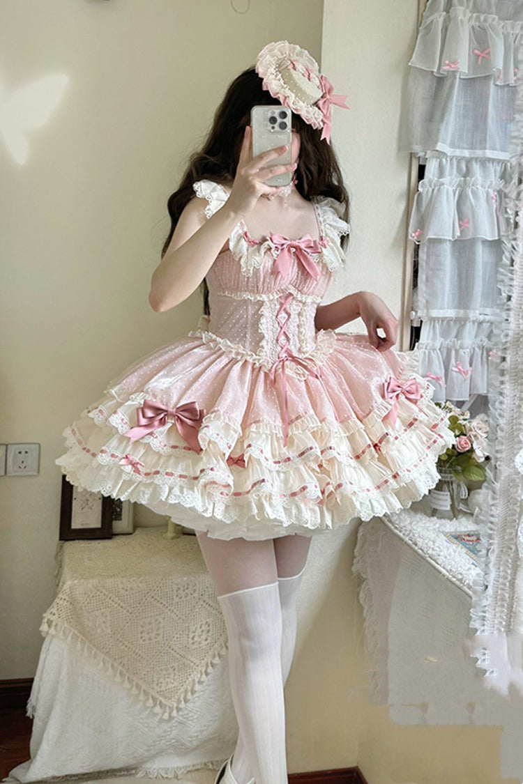 Pink Flory Butterfly Double-Layered Ruffle Bowknot Lace Lace-Up Sweet Ballet Lolita Jsk Dress