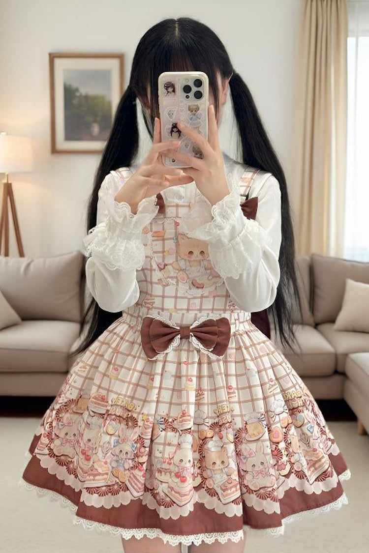 Bear Cake Sleeveless Print Bowknot Lace Doll-Style Sweet Lolita Suspender Dress 3 Colors