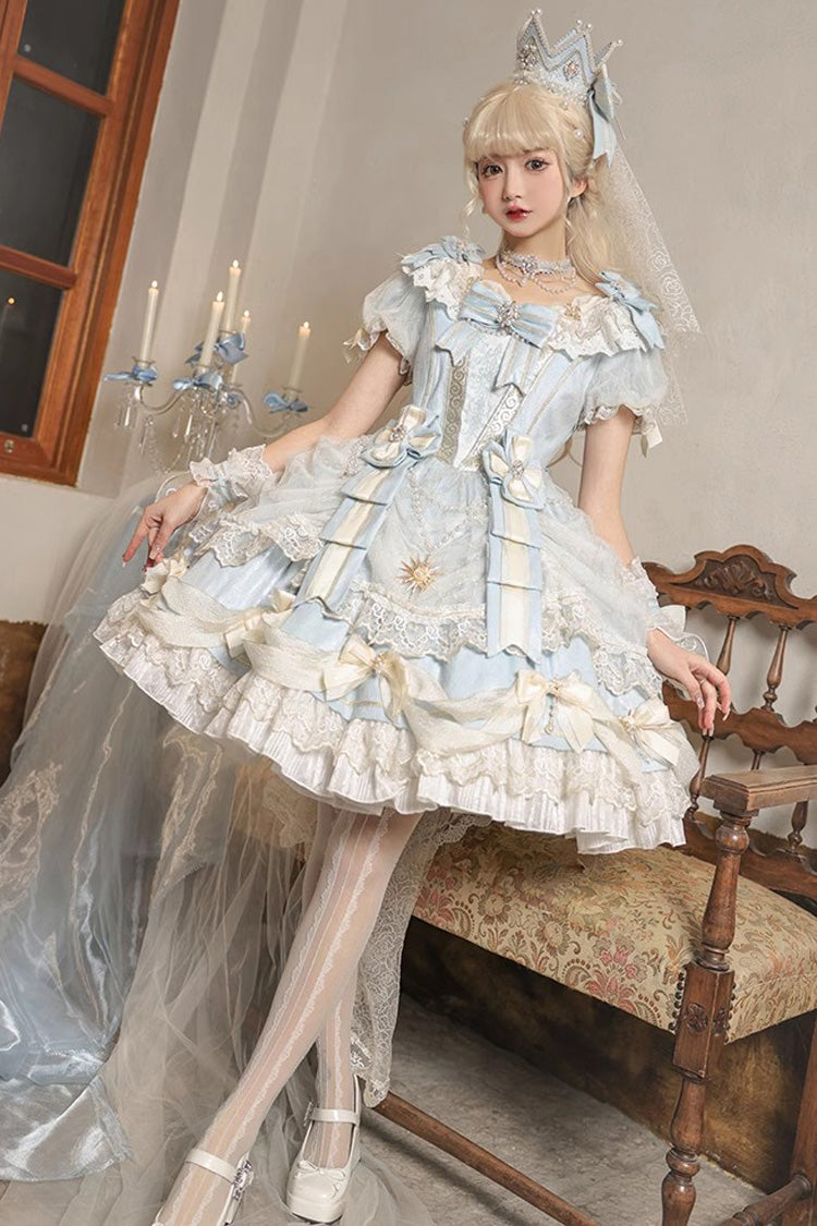 Light Blue Girls' Day Short Sleeves Multi-Layered Ruffle Bowknot Lace Sweet Lolita Dress 2 Versions