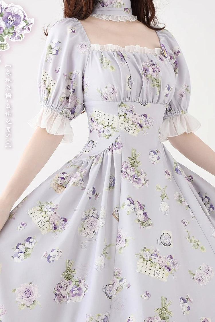Forest Basket Print Short Sleeves Ruffle Lace Sweet Elegant Lolita Dress 6 Colors