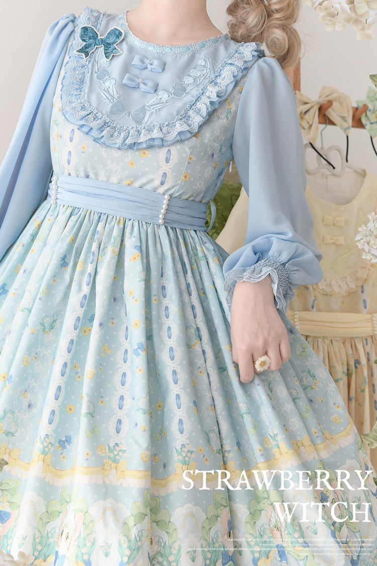 Blue Lily of the Valley Cat Print Ruffle Embroidery Bowknot Sweet Lolita Dress