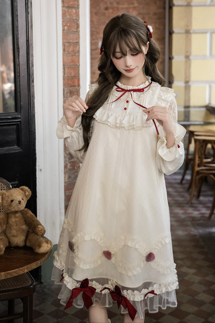 Ivory Strawberry Cream Cake Stand Collar Long Sleeves Ruffled Bow Lace Sweet Lolita Dress