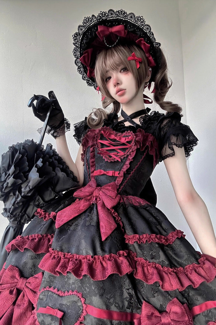 Black/Red Super Cute Belia Sleeveless Triple-Layered Ruffle Bowknot Lace Gothic Elegant Lolita Jsk Dress