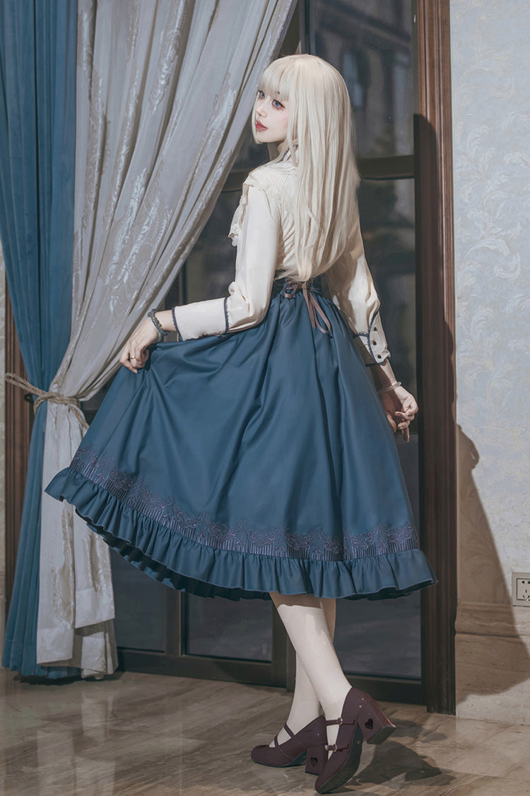 Blue Ruffle Embroidery Lace-Up Sweet College Style Elegant Lolita Skirt