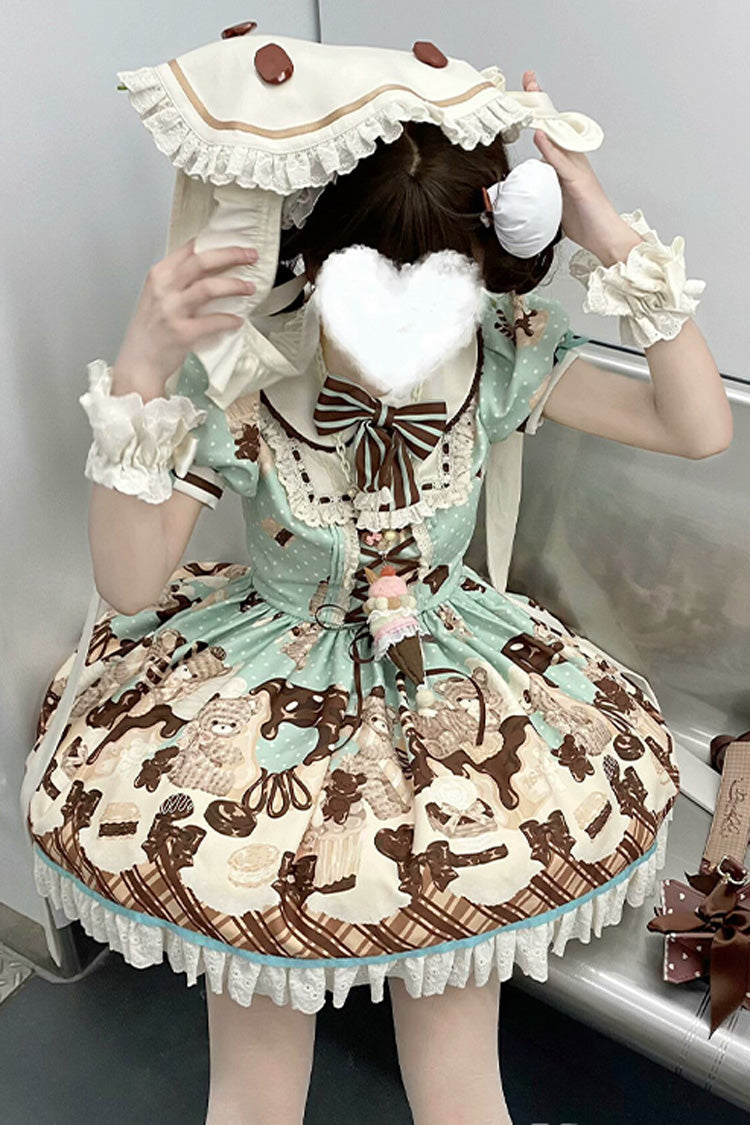 Brown Peppermint Chocolate Chocolate Cake Bear Print Ruffle Bowknot Lace-Up Sweet Lolita Dress