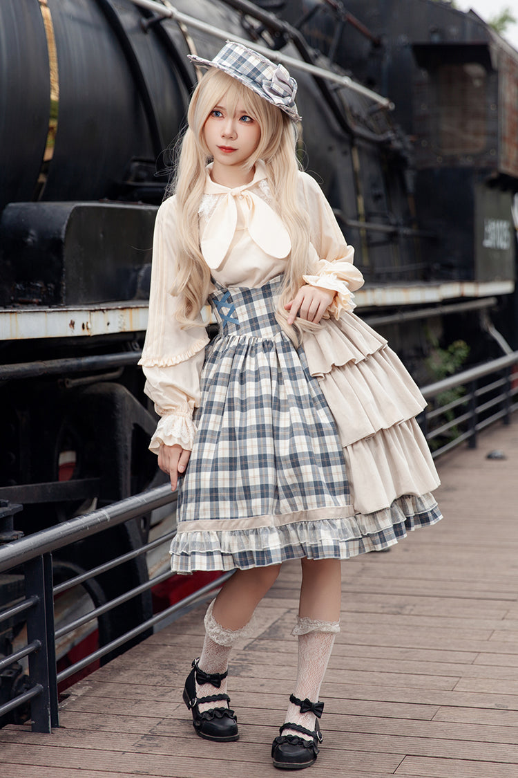 Grey/Blue Morning Tune Sleeveless High Waisted Print Ruffle Asymmetric Sweet Lolita Strap Dress